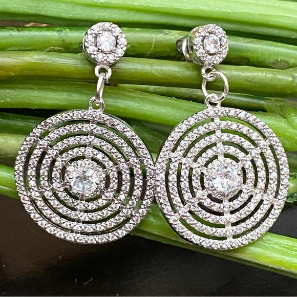Silver-tone CZ Cubic Zirconia Round Swirl Web Pave Drop Earrings - Picture 1 of 13